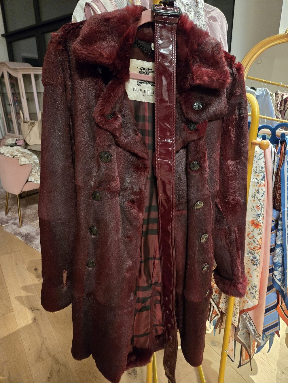 Burberry Burgundy Faux Fur Trench Coat with Patent Belt; Never Worn